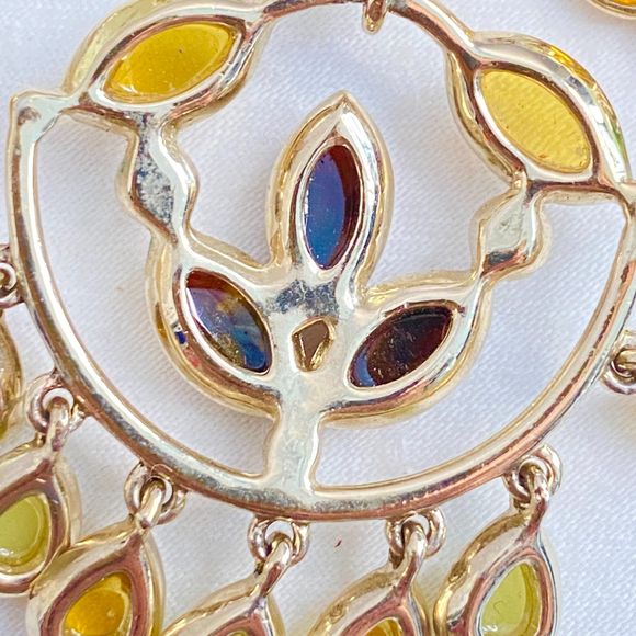 Dangling Pendant Necklace Brown Green Yellow Faceted StonesRibbon Neckline - Picture 7 of 13